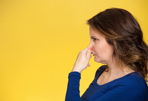 Side view profile portrait middle aged woman covers pinches her nose with hand looks with disgust, something stinks bad smell situation isolated yellow background. Human face expression body language