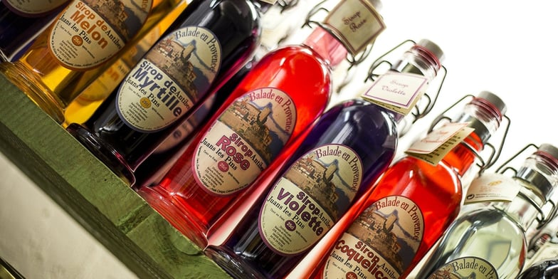 bottles of flavored sugar syrups